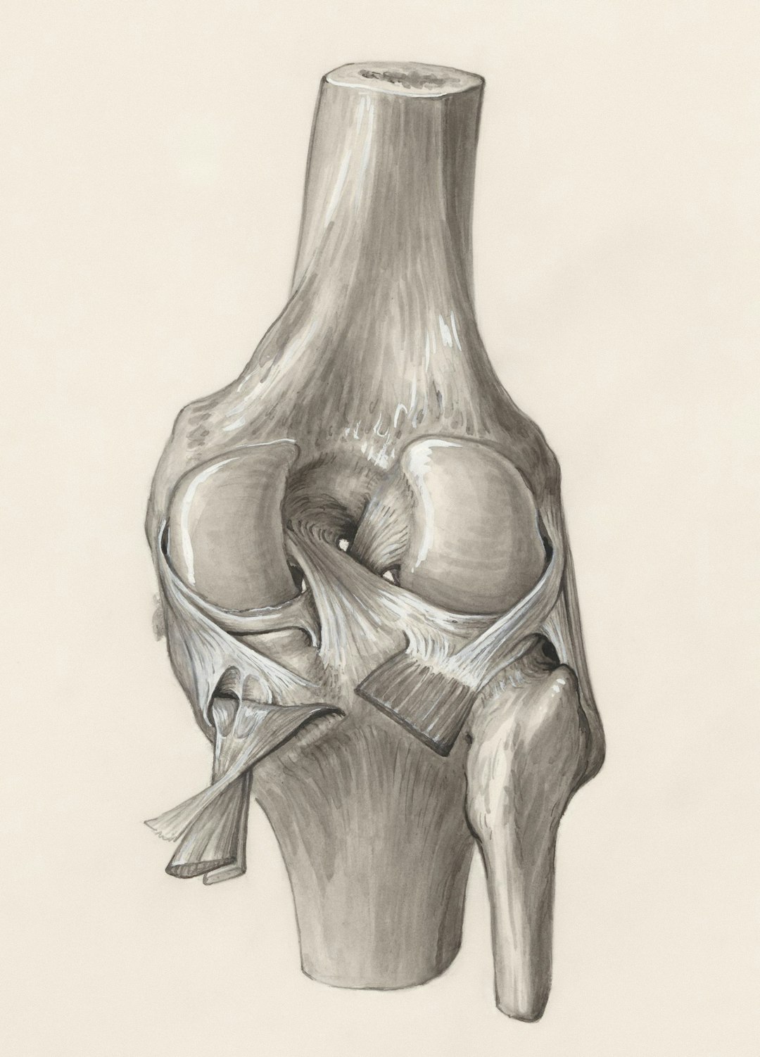 Anatomical drawing of a knee joint illustrating joint health